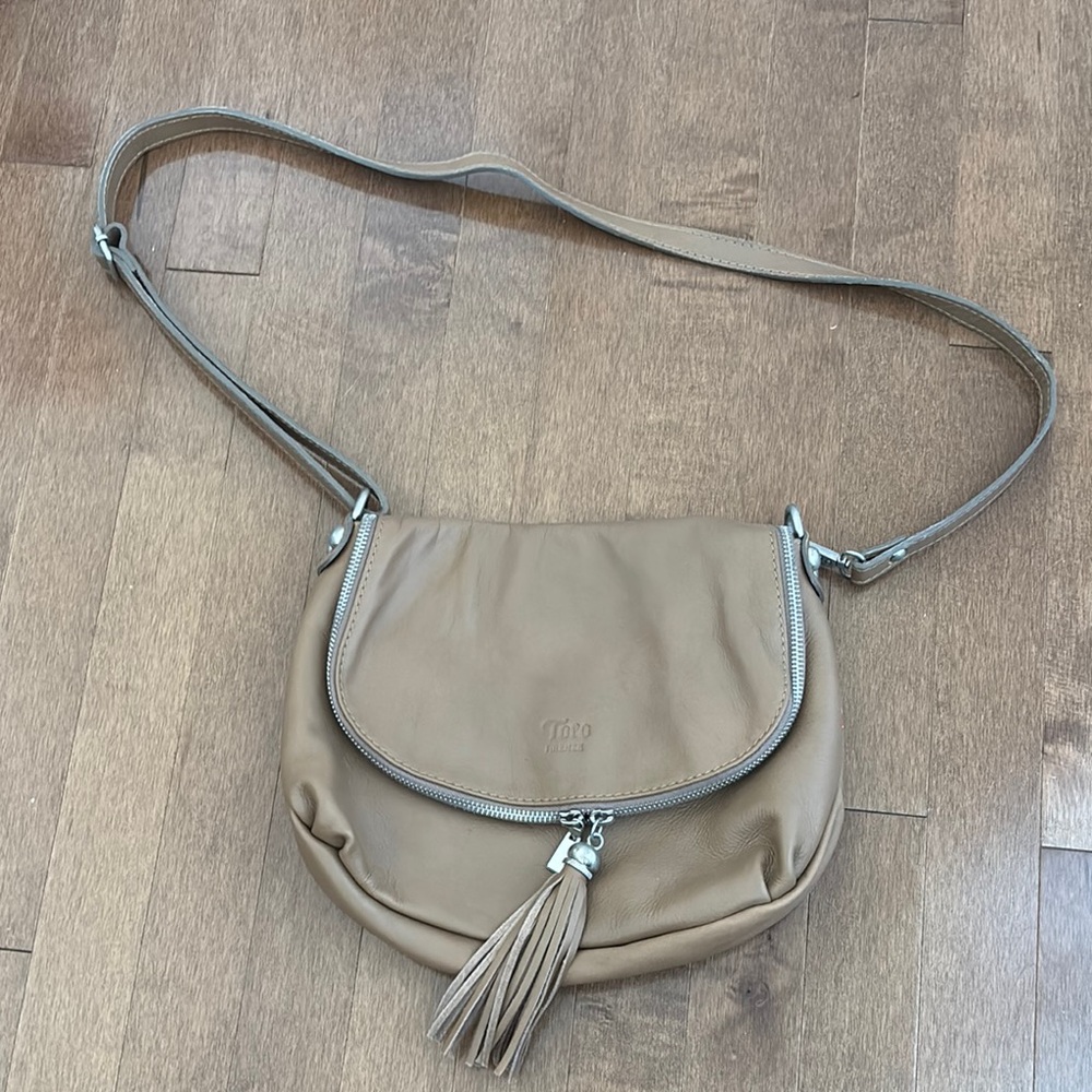 Genuine Italian Tan Crossbody Bag with Adjustable Strap and Tassels